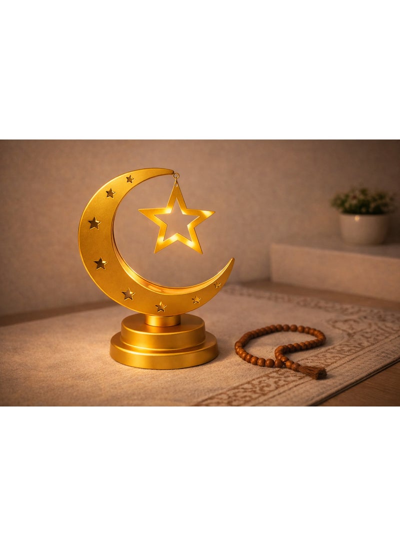 Home Care مصباح طاولة هلال ونجمة ذهبية معدنية مزخرفة لرمضان والعيد - Image 3